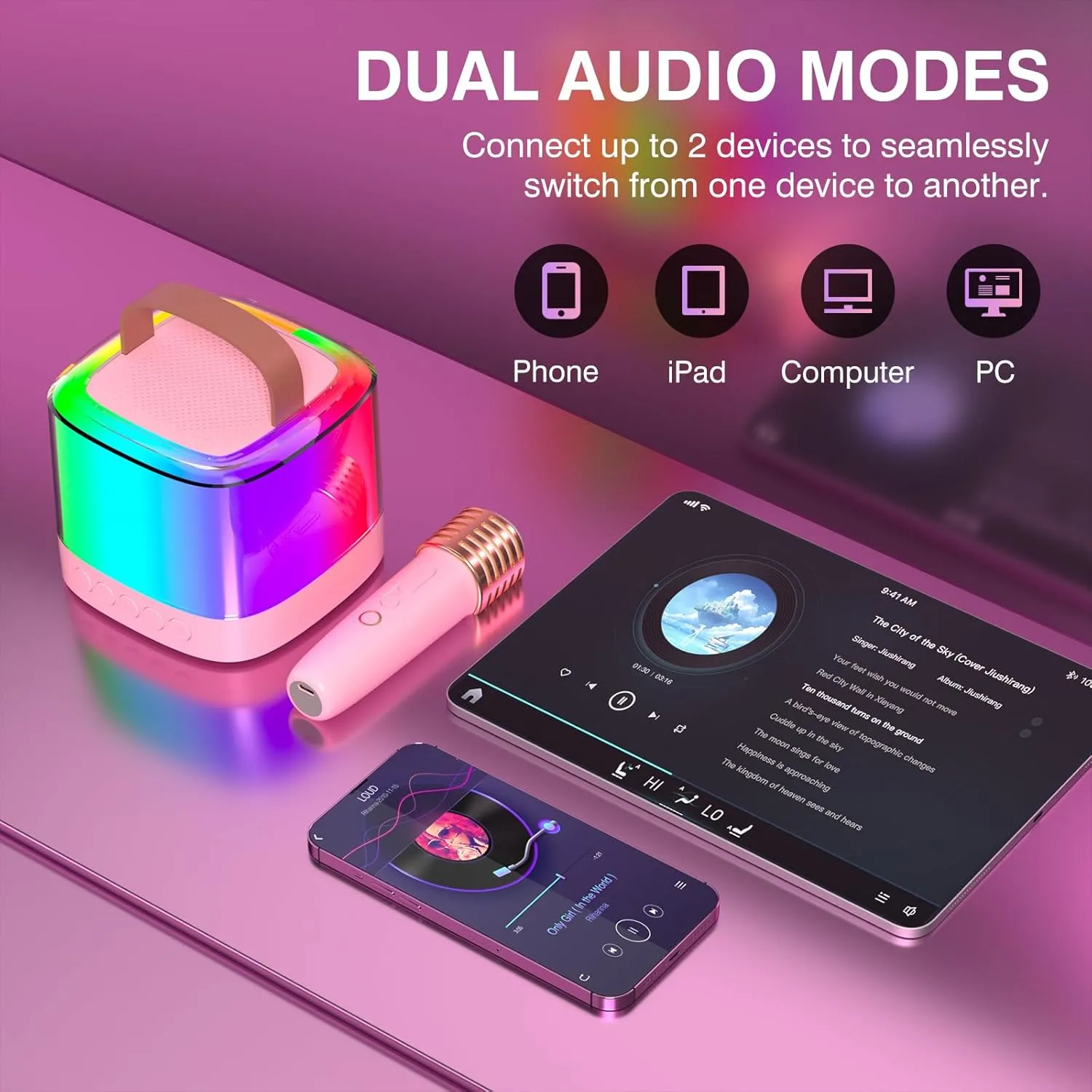 Mini Karaoke Machine for Kids Adults, Portable Bluetooth Karaoke Speaker with 2 Wireless Mics and LED Color Lights, Inside The Car, Party, Home KTV, Birthday for Girls/Boys Ages 3-12 , Pink