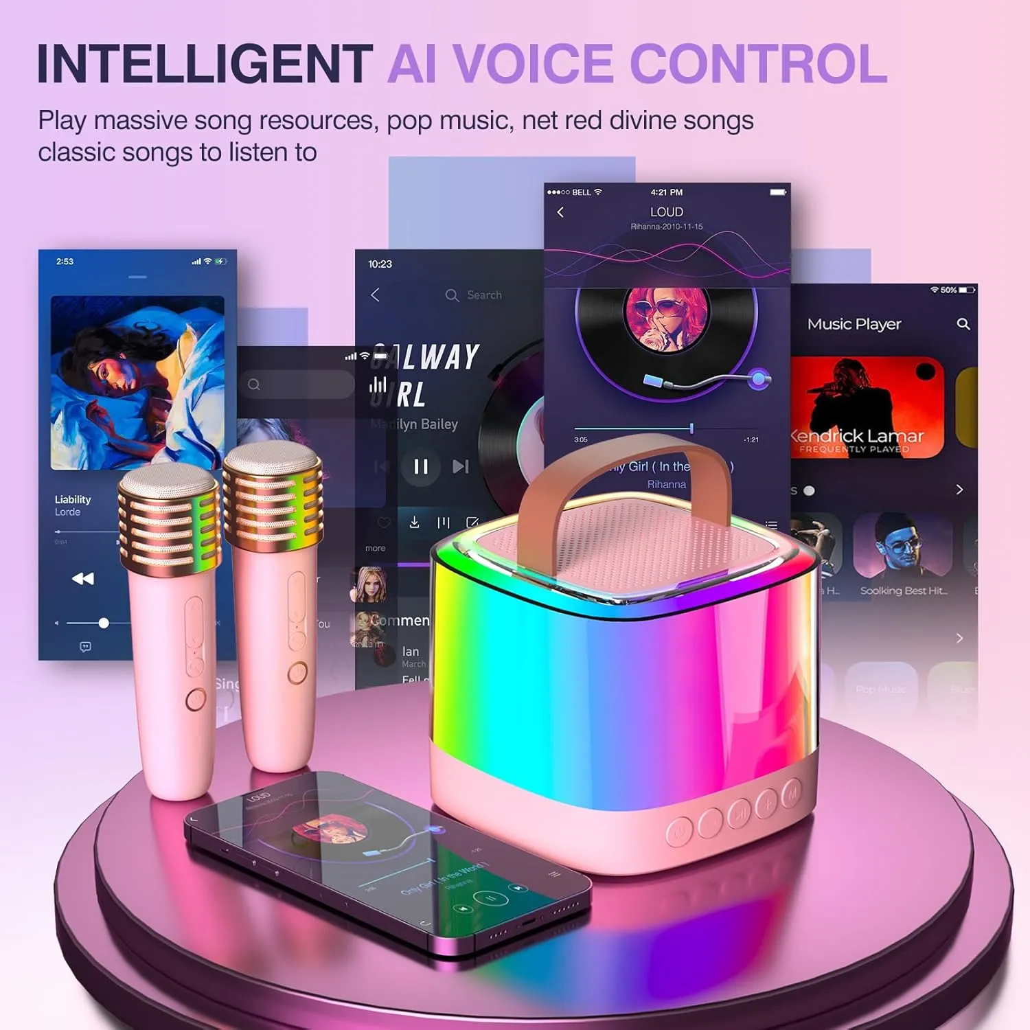 Mini Karaoke Machine for Kids Adults, Portable Bluetooth Karaoke Speaker with 2 Wireless Mics and LED Color Lights, Inside The Car, Party, Home KTV, Birthday for Girls/Boys Ages 3-12 , Pink
