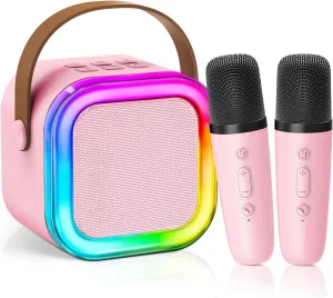 Mini Karaoke Machine for Kids Girls Boys - Birthday Gifts for Ages 4 5 6 7 8  Year Old - 2025 New est - Portable Bluetooth Speaker with 2 Wireless Microphone - Kids' Instrument Accessories - Pink