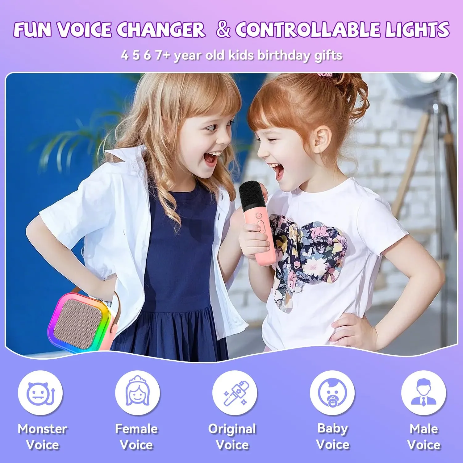 Mini Karaoke Machine for Kids Girls Boys - Birthday Gifts for Ages 4 5 6 7 8  Year Old - 2025 New est - Portable Bluetooth Speaker with 2 Wireless Microphone - Kids' Instrument Accessories - Pink