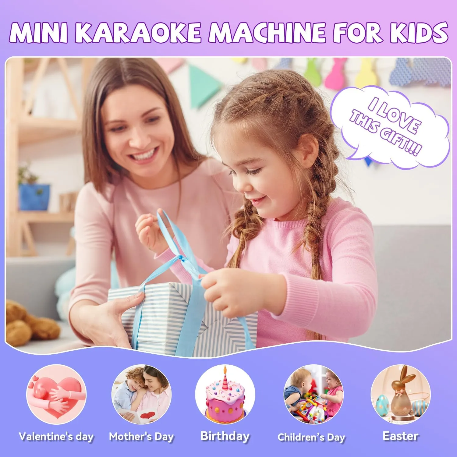 Mini Karaoke Machine for Kids Girls Boys - Birthday Gifts for Ages 4 5 6 7 8  Year Old - 2025 New est - Portable Bluetooth Speaker with 2 Wireless Microphone - Kids' Instrument Accessories - Pink