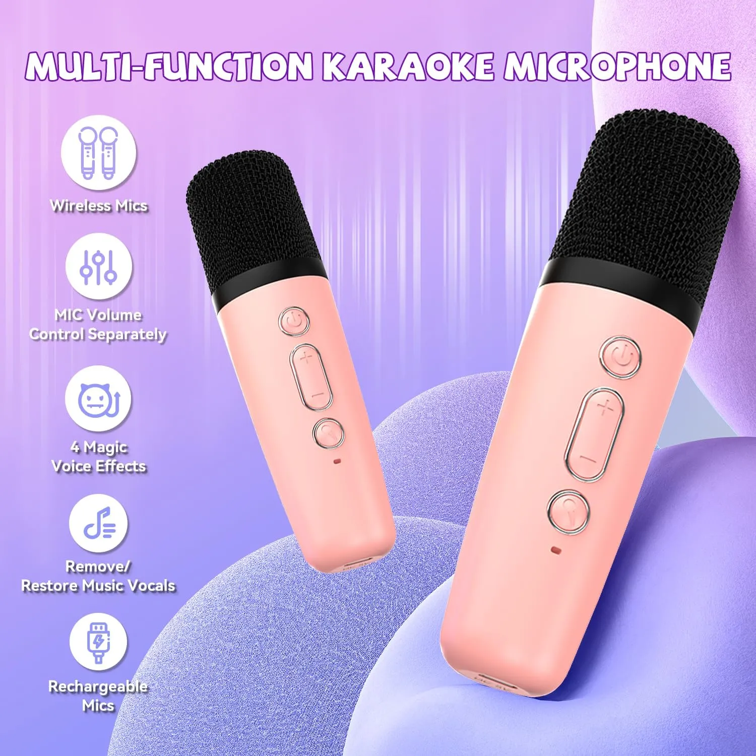 Mini Karaoke Machine for Kids Girls Boys - Birthday Gifts for Ages 4 5 6 7 8  Year Old - 2025 New est - Portable Bluetooth Speaker with 2 Wireless Microphone - Kids' Instrument Accessories - Pink