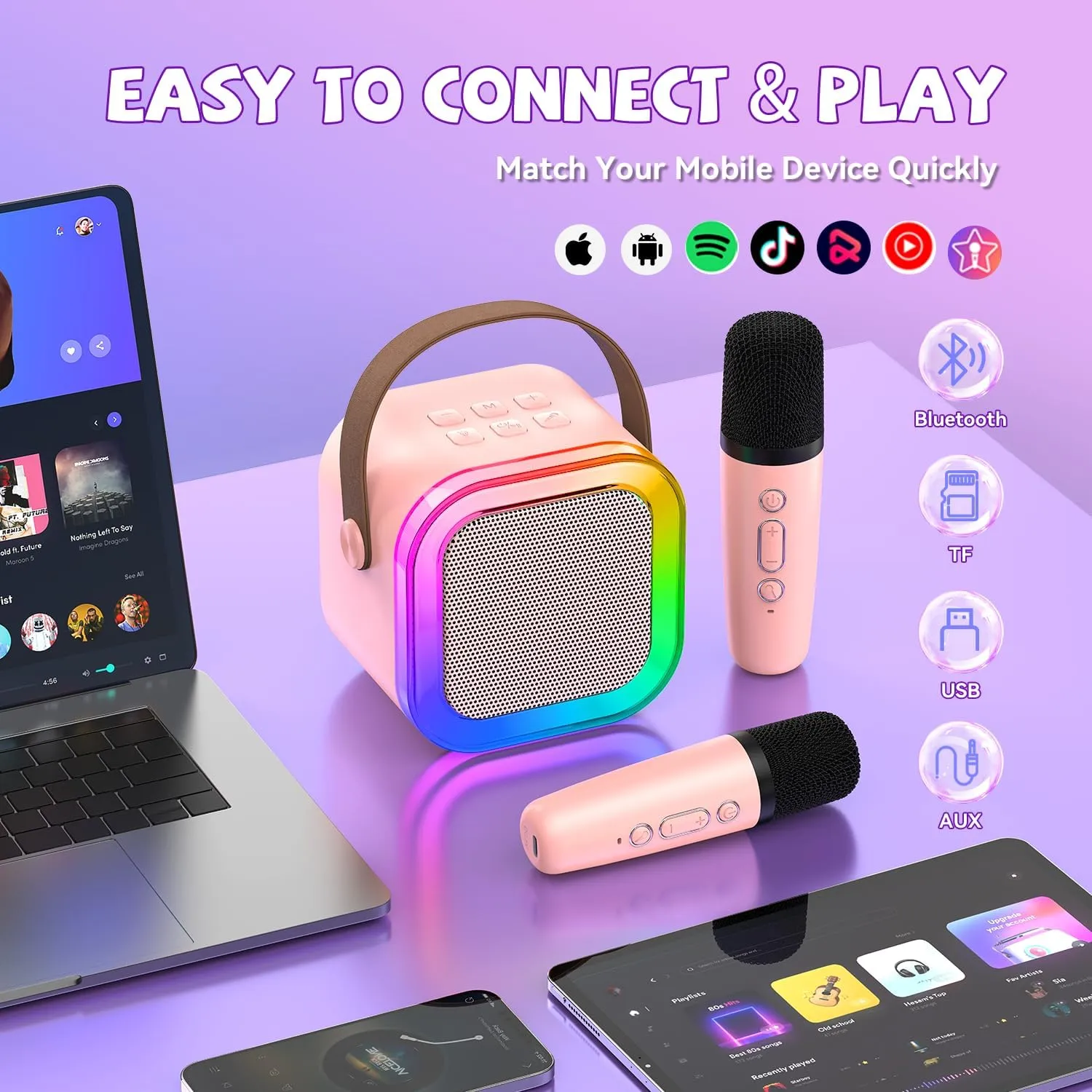 Mini Karaoke Machine for Kids Girls Boys - Birthday Gifts for Ages 4 5 6 7 8  Year Old - 2025 New est - Portable Bluetooth Speaker with 2 Wireless Microphone - Kids' Instrument Accessories - Pink