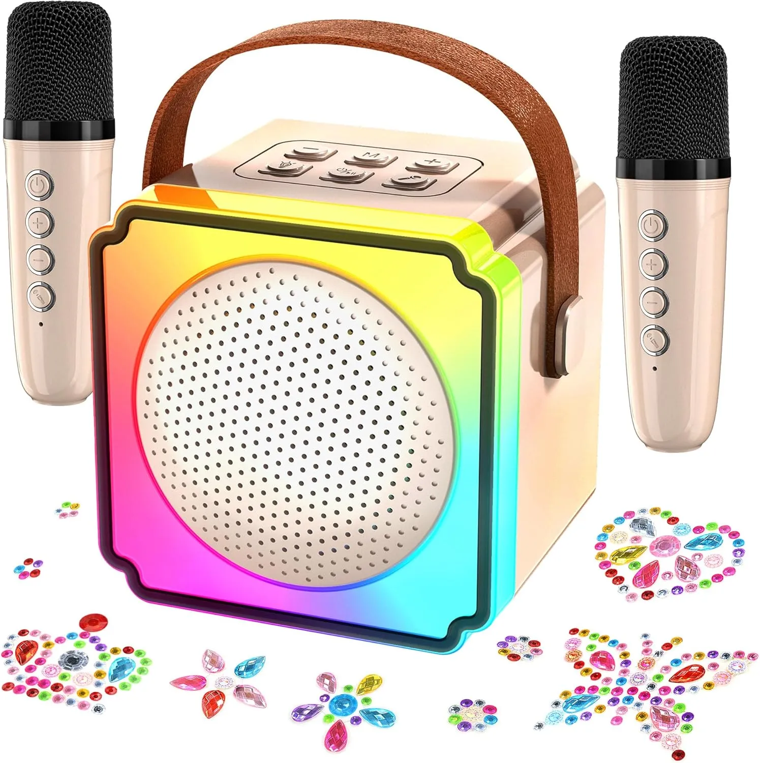 Mini Karaoke Machine with 2 Wireless Microphones, Adults Kids Toys, Gems Stickers, Portable Bluetooth Speaker, Christmas Birthday Gifts for Girls 4, 5, 6, 7, 8, 9   Year Old (Beige)
