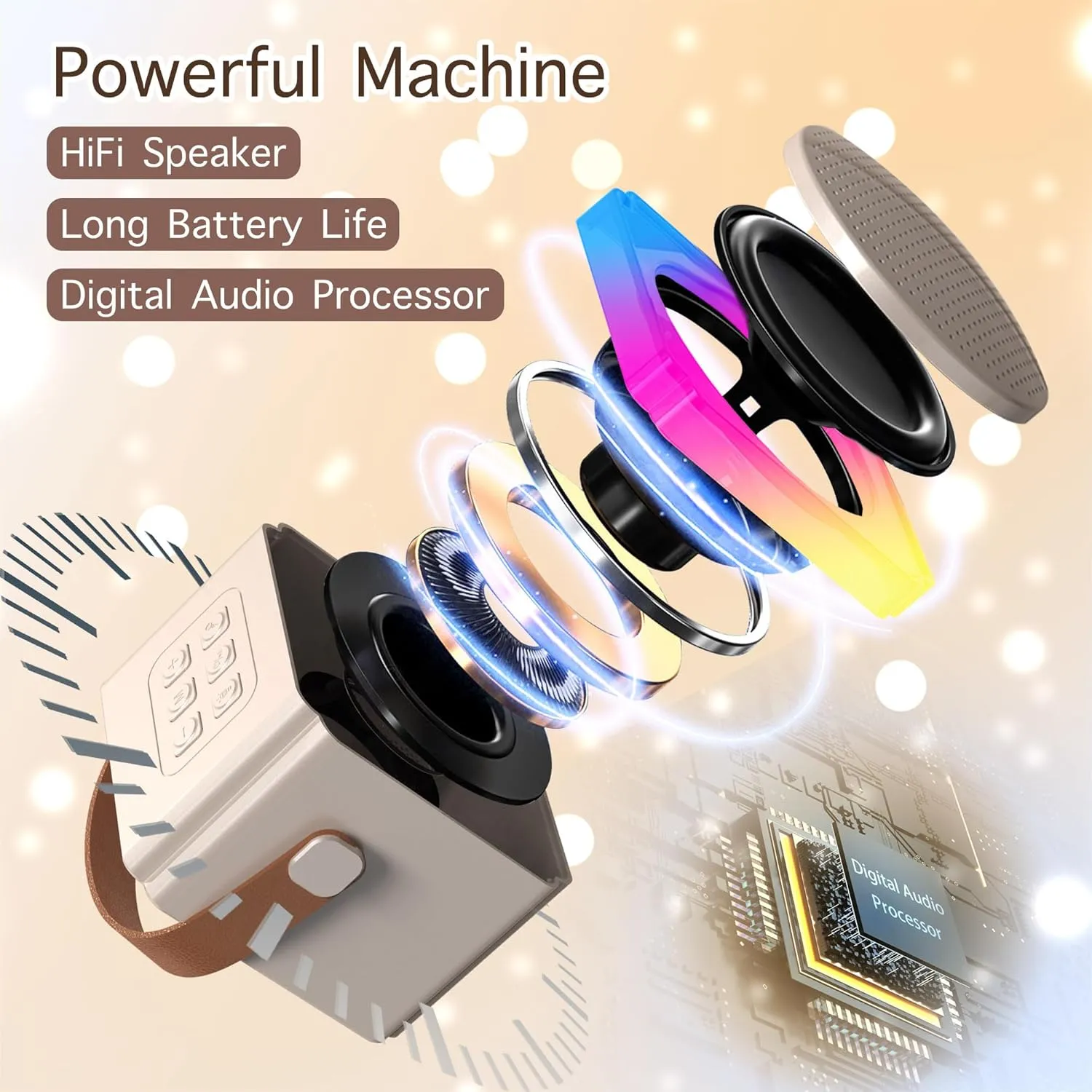 Mini Karaoke Machine with 2 Wireless Microphones, Adults Kids Toys, Gems Stickers, Portable Bluetooth Speaker, Christmas Birthday Gifts for Girls 4, 5, 6, 7, 8, 9   Year Old (Beige)