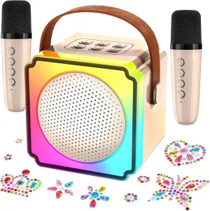 Mini Karaoke Machine with 2 Wireless Microphones, Adults Kids Toys, Gems Stickers, Portable Bluetooth Speaker, Christmas Birthday Gifts for Girls 4, 5, 6, 7, 8, 9   Year Old (Beige)