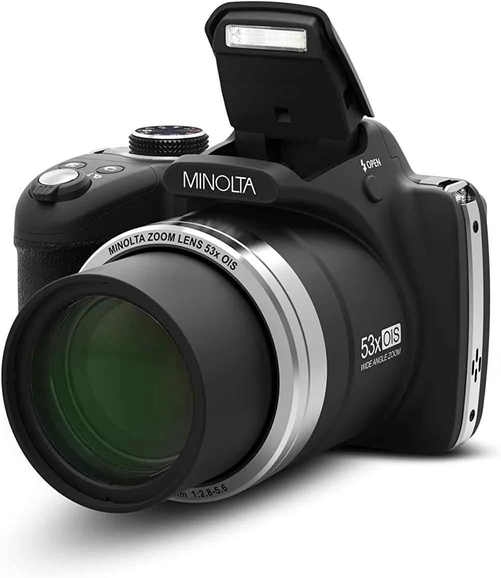 Minolta Pro Shot 16MP HD Digital Camera – 53x Optical Zoom, 1080p Full HD Video, Optical Stabilization, 3-inch LCD, Panorama, HDR, Face Detection, Smart Modes, 16GB Card (Black)