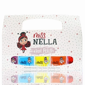 Miss Nella Summer Time 5 Varnish set- Little Popper- purple, Mermaid Blue- blue, Sun Kissed- yellow, Poppy Fields- orange, Strawberry Cream- red, Peel Off kids Nail Polish