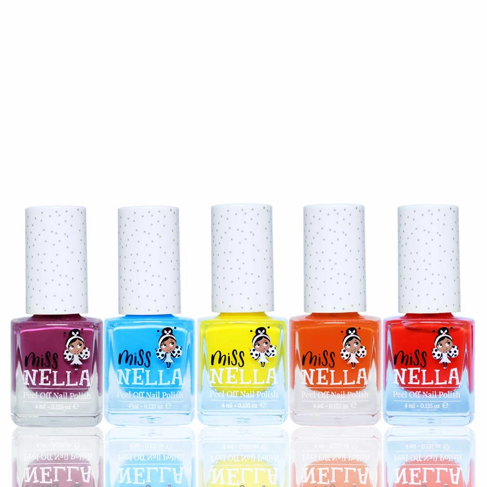 Miss Nella Summer Time 5 Varnish set- Little Popper- purple, Mermaid Blue- blue, Sun Kissed- yellow, Poppy Fields- orange, Strawberry Cream- red, Peel Off kids Nail Polish