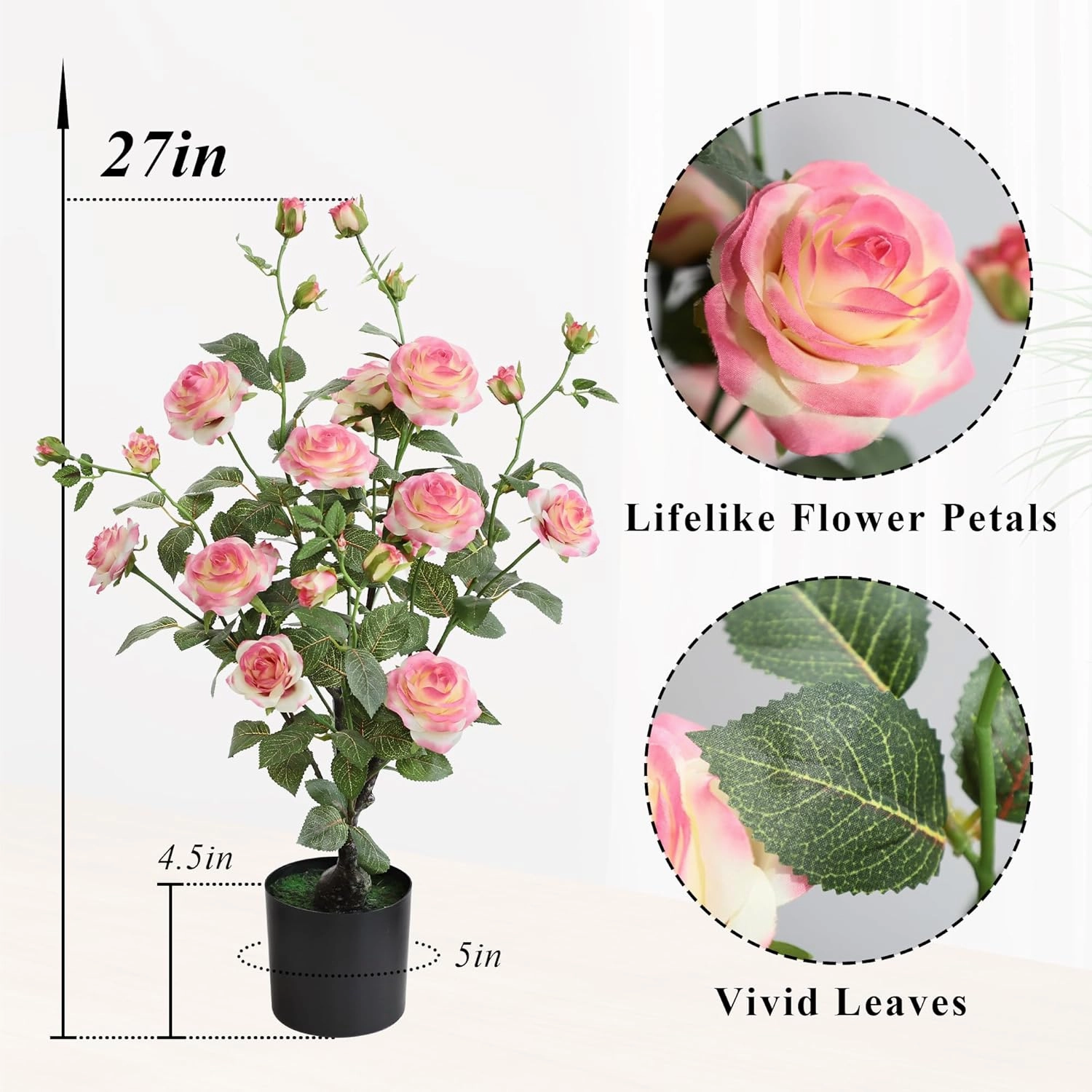 momoplant Artificial Rose Plant 27 Inch Tall Fake Silk Rose Flower Set of 2 Faux Trees with Potted for Living Room Table Kitchen Office Decor（Pink）