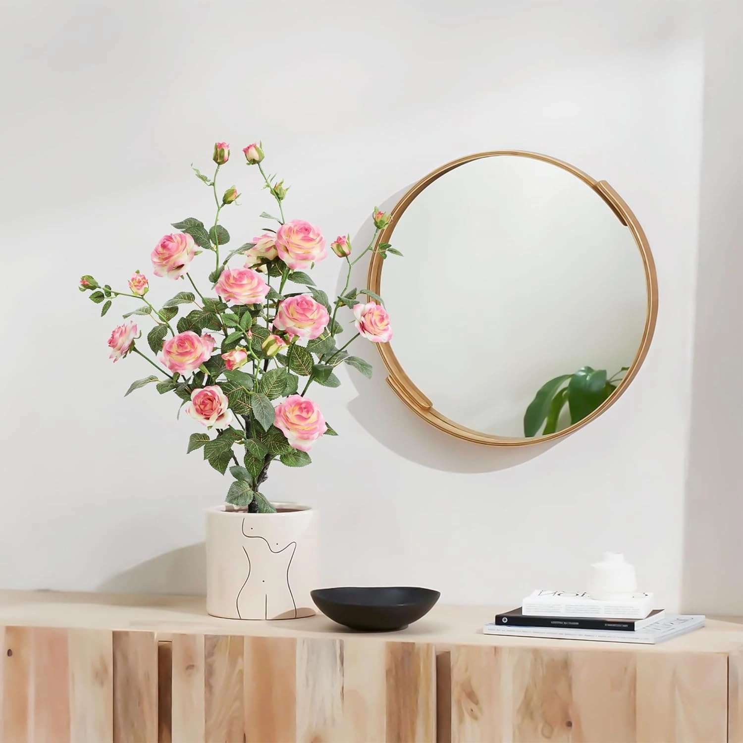 momoplant Artificial Rose Plant 27 Inch Tall Fake Silk Rose Flower Set of 2 Faux Trees with Potted for Living Room Table Kitchen Office Decor（Pink）