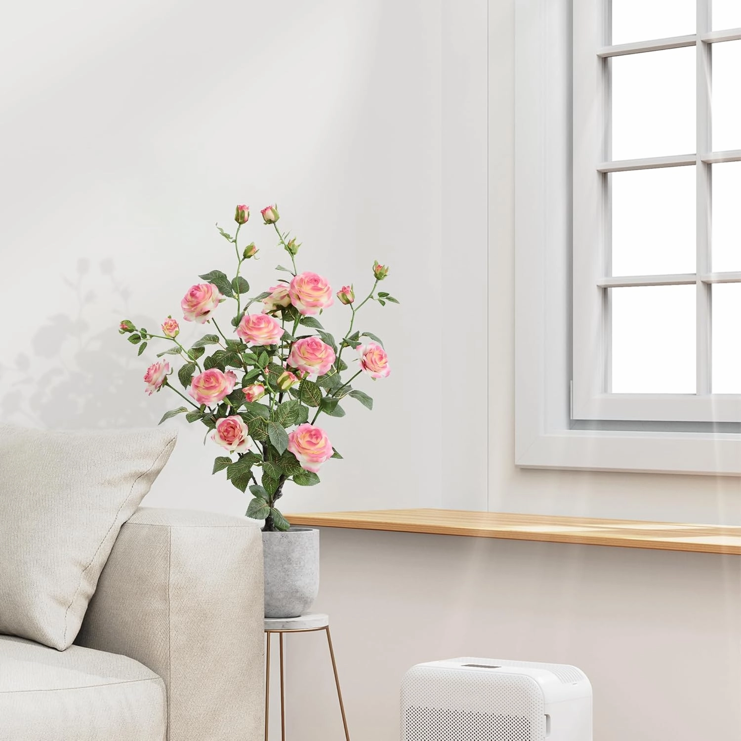 momoplant Artificial Rose Plant 27 Inch Tall Fake Silk Rose Flower Set of 2 Faux Trees with Potted for Living Room Table Kitchen Office Decor（Pink）