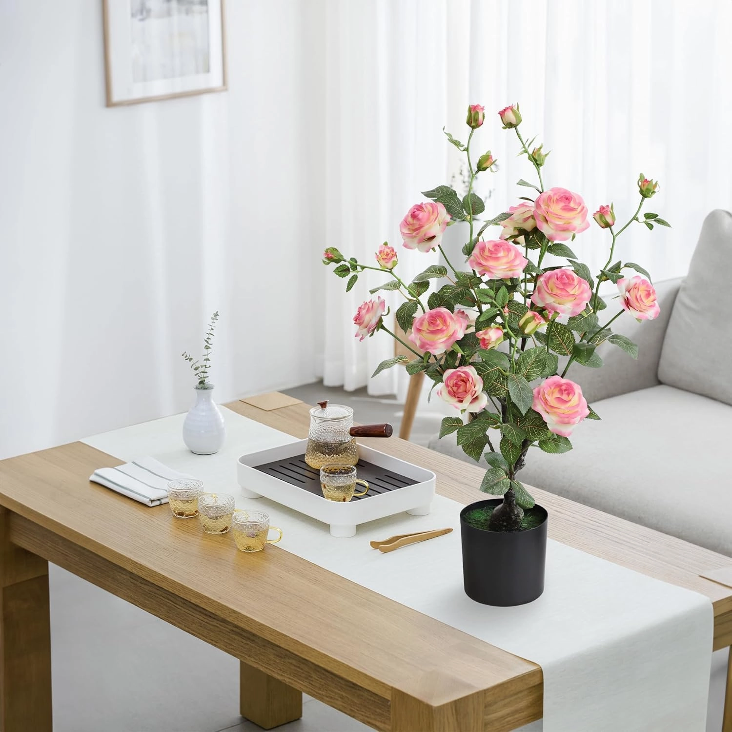 momoplant Artificial Rose Plant 27 Inch Tall Fake Silk Rose Flower Set of 2 Faux Trees with Potted for Living Room Table Kitchen Office Decor（Pink）