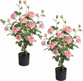 momoplant Artificial Rose Plant 27 Inch Tall Fake Silk Rose Flower Set of 2 Faux Trees with Potted for Living Room Table Kitchen Office Decor（Pink）