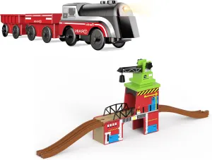 Motorized Train Toy and Train Accessories Crane Bridge with Tracks for Wooden Train Set, Battery Operated Train Car with Bridge Compatible with Thomas, Brio, Melissa and Doug