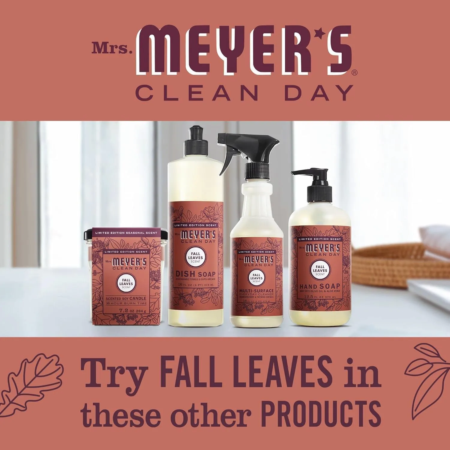 MRS. MEYER'S CLEAN DAY Variety, 2 Liquid Hand Soap 12.5 OZ, 1 Liquid Dish Soap, 16 FL OZ (Fall Leaves)