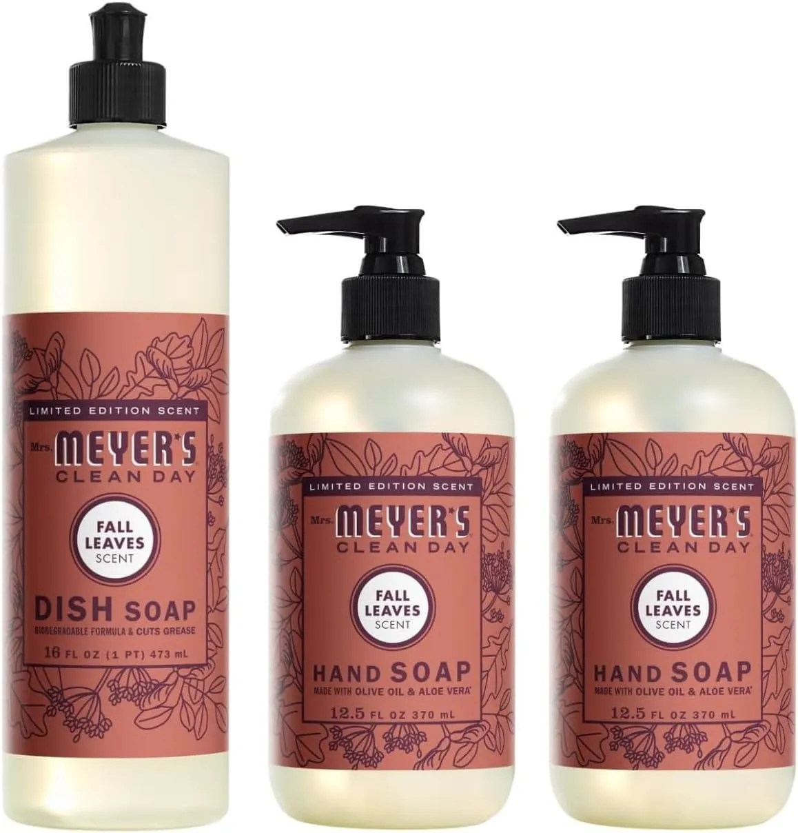 MRS. MEYER'S CLEAN DAY Variety, 2 Liquid Hand Soap 12.5 OZ, 1 Liquid Dish Soap, 16 FL OZ (Fall Leaves)