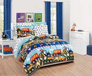 Multicolor Construction Site Equipment Trucks Tractors Design 7 Piece Comforter Bedding Set for Boys/Kids Bed in a Bag with Sheet Set # Construction Trucks (Full Size)