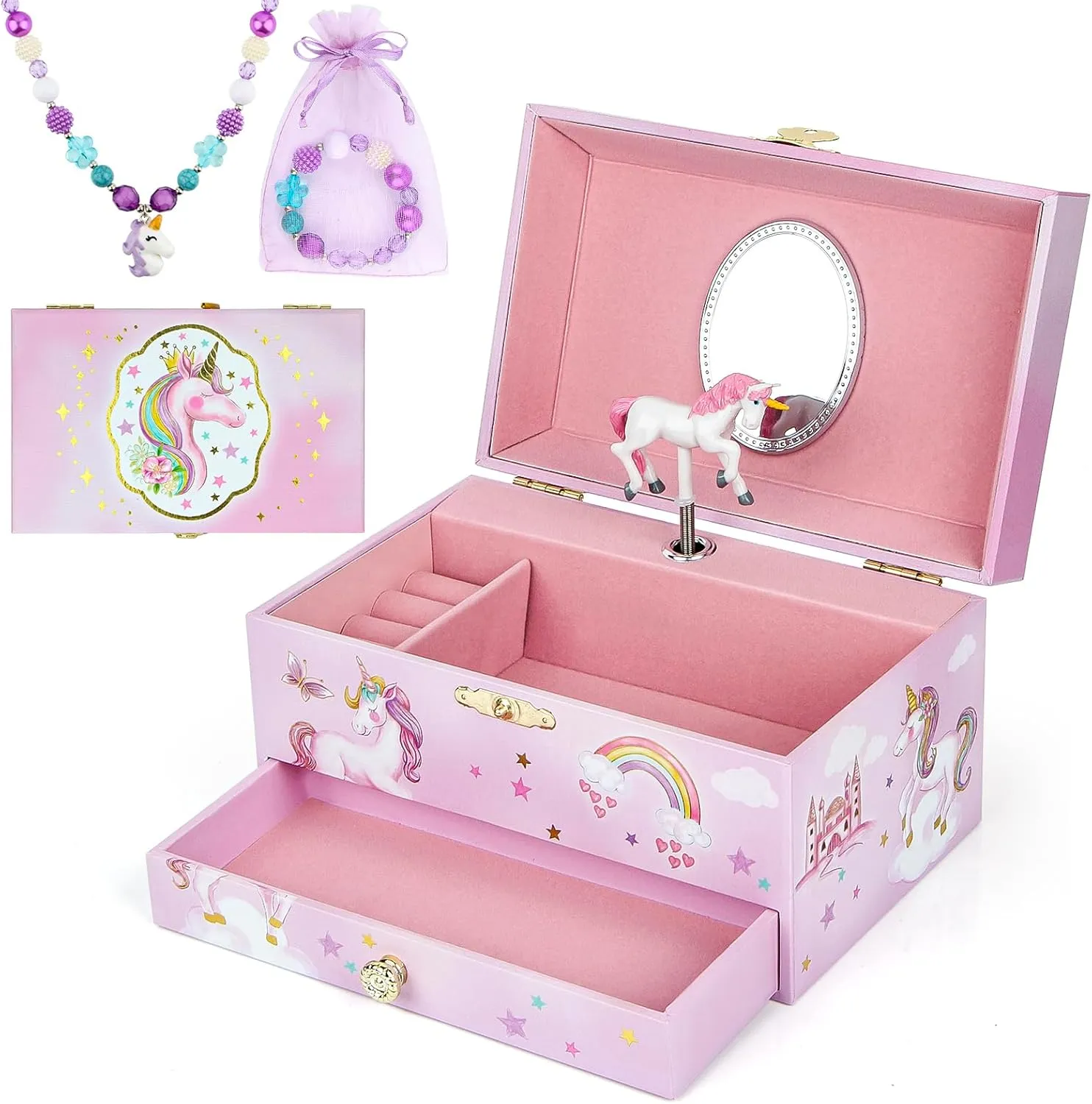 Music Jewellery Box with Drawer Necklace Bracelet, Musical Jewelry Storage Case with Spinning Ballerina Gift Set for Kids Girls Children Daughter (Pink Horse)