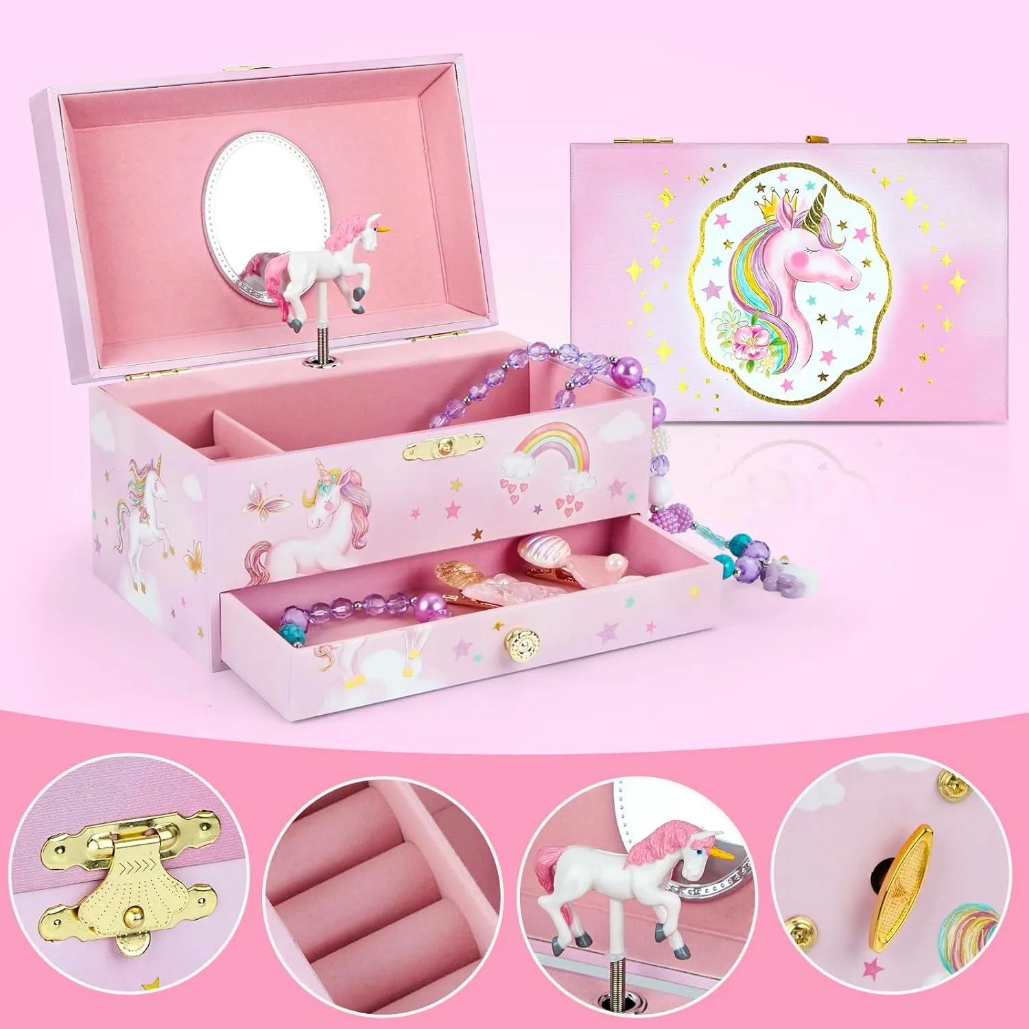 Music Jewellery Box with Drawer Necklace Bracelet, Musical Jewelry Storage Case with Spinning Ballerina Gift Set for Kids Girls Children Daughter (Pink Horse)