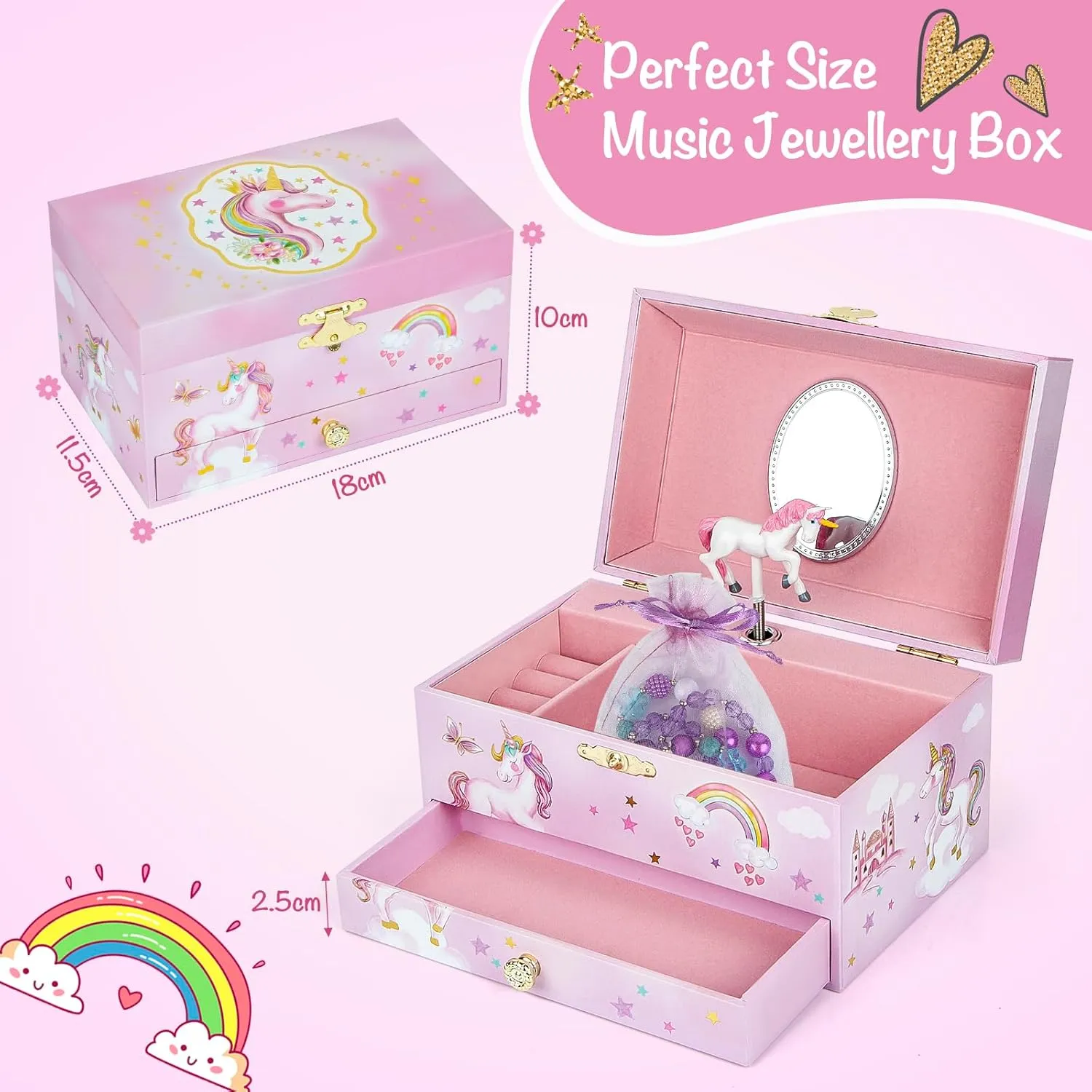 Music Jewellery Box with Drawer Necklace Bracelet, Musical Jewelry Storage Case with Spinning Ballerina Gift Set for Kids Girls Children Daughter (Pink Horse)