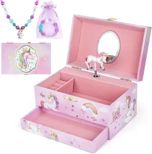 Music Jewellery Box with Drawer Necklace Bracelet, Musical Jewelry Storage Case with Spinning Ballerina Gift Set for Kids Girls Children Daughter (Pink Horse)