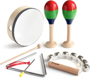 MUSICUBE 7 Pcs Musical Instrument Toys Set for Kids Wooden Percussion Instrument with Hand Drum, Maracas, Triangles, Hand Bell Educational Instrument for Toddler Birthday Gift for Boys Girls Aged 3 