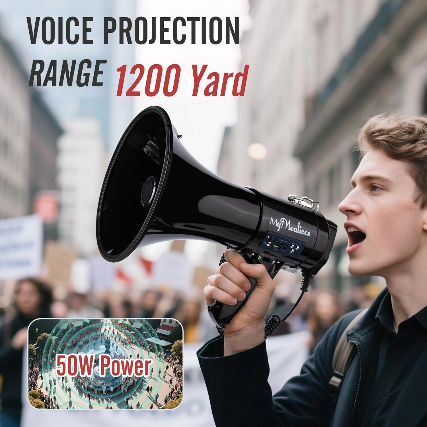 MyMealivos Megaphone with Siren Bullhorn 50 Watt Bullhorn Speaker with Detachable Microphone, Portable Lightweight Strap & 3.5mm Aux Input