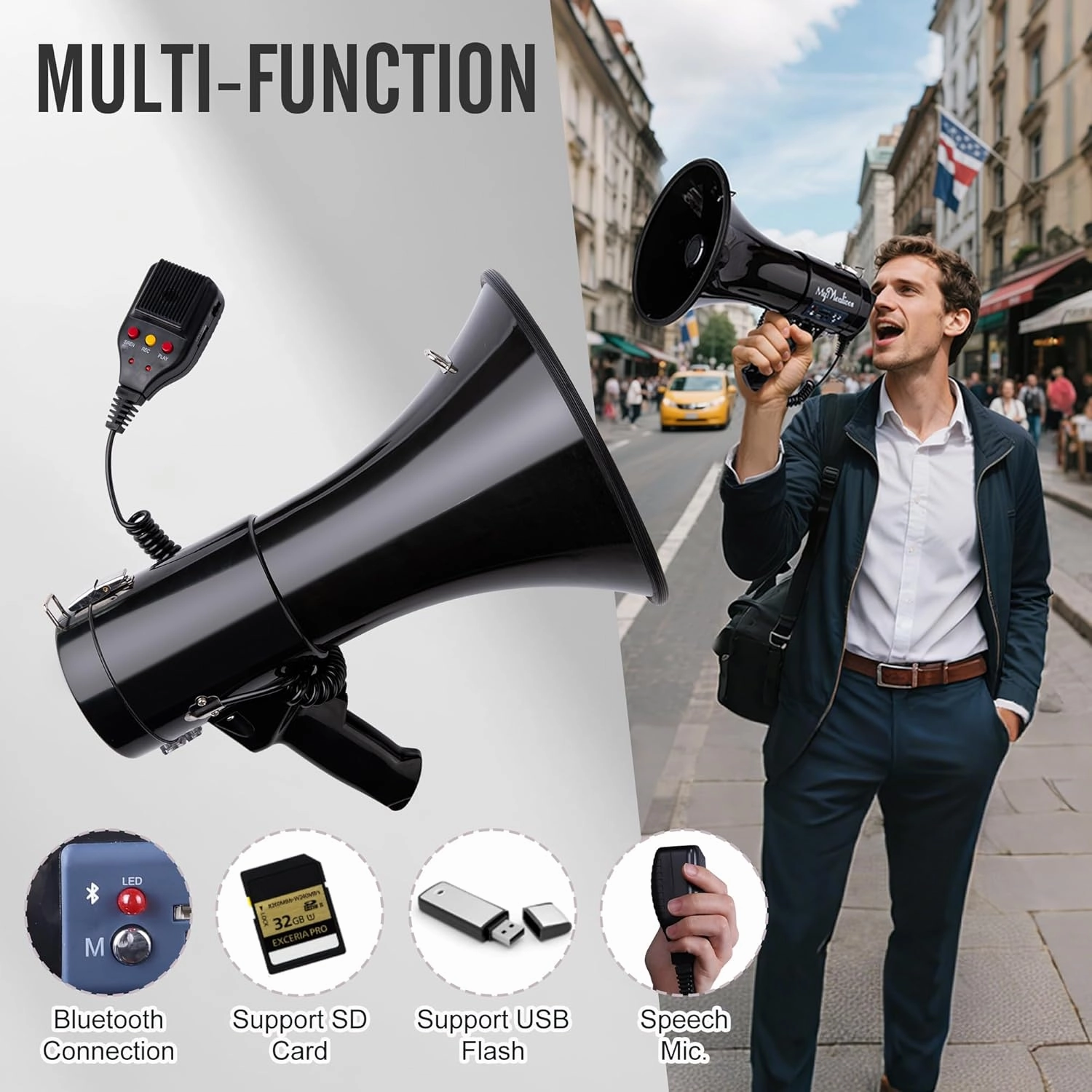MyMealivos Megaphone with Siren Bullhorn 50 Watt Bullhorn Speaker with Detachable Microphone, Portable Lightweight Strap & 3.5mm Aux Input