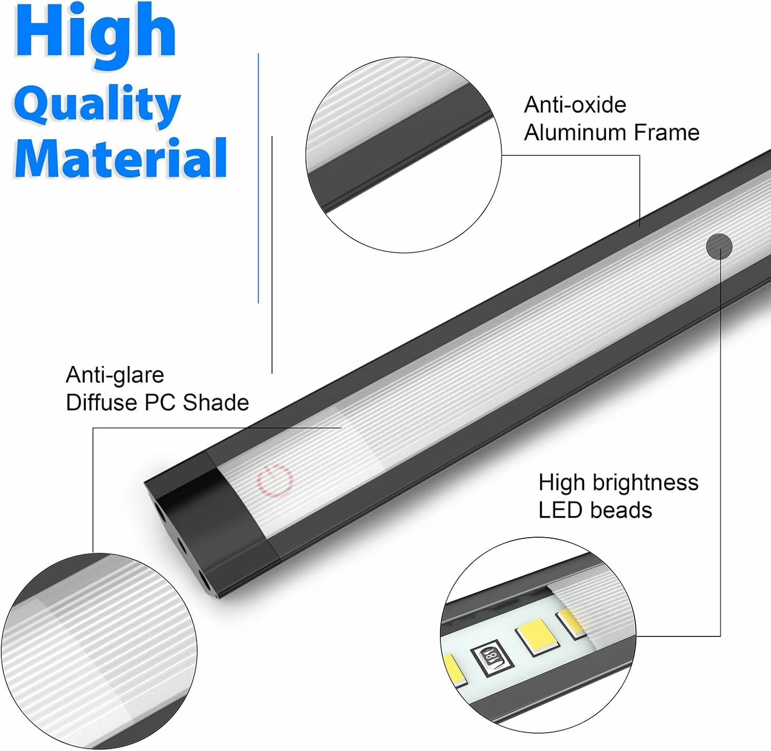MYPLUS Under Cabinet Lights, 12" Touch Activated and Dimmable Aluminum LED Bar for Kitchen, Workbench and Desk, Cold White 6000K, Plug-in, Black.