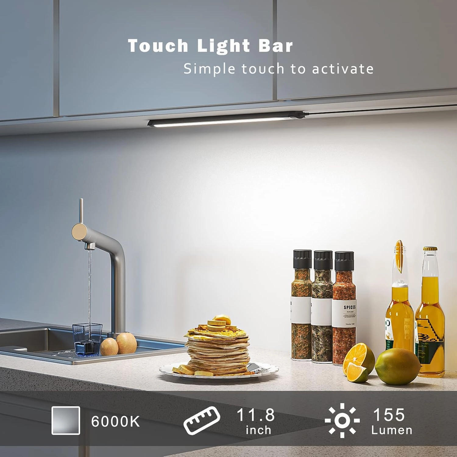 MYPLUS Under Cabinet Lights, 12" Touch Activated and Dimmable Aluminum LED Bar for Kitchen, Workbench and Desk, Cold White 6000K, Plug-in, Black.