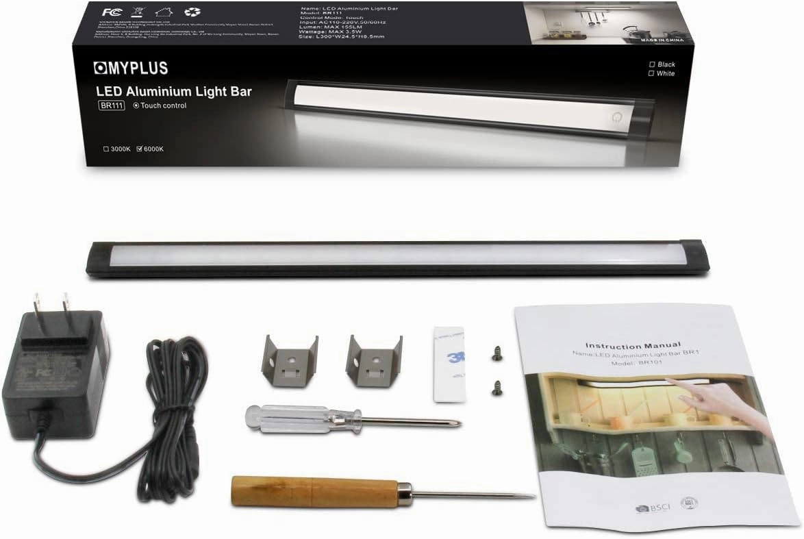 MYPLUS Under Cabinet Lights, 12" Touch Activated and Dimmable Aluminum LED Bar for Kitchen, Workbench and Desk, Cold White 6000K, Plug-in, Black.