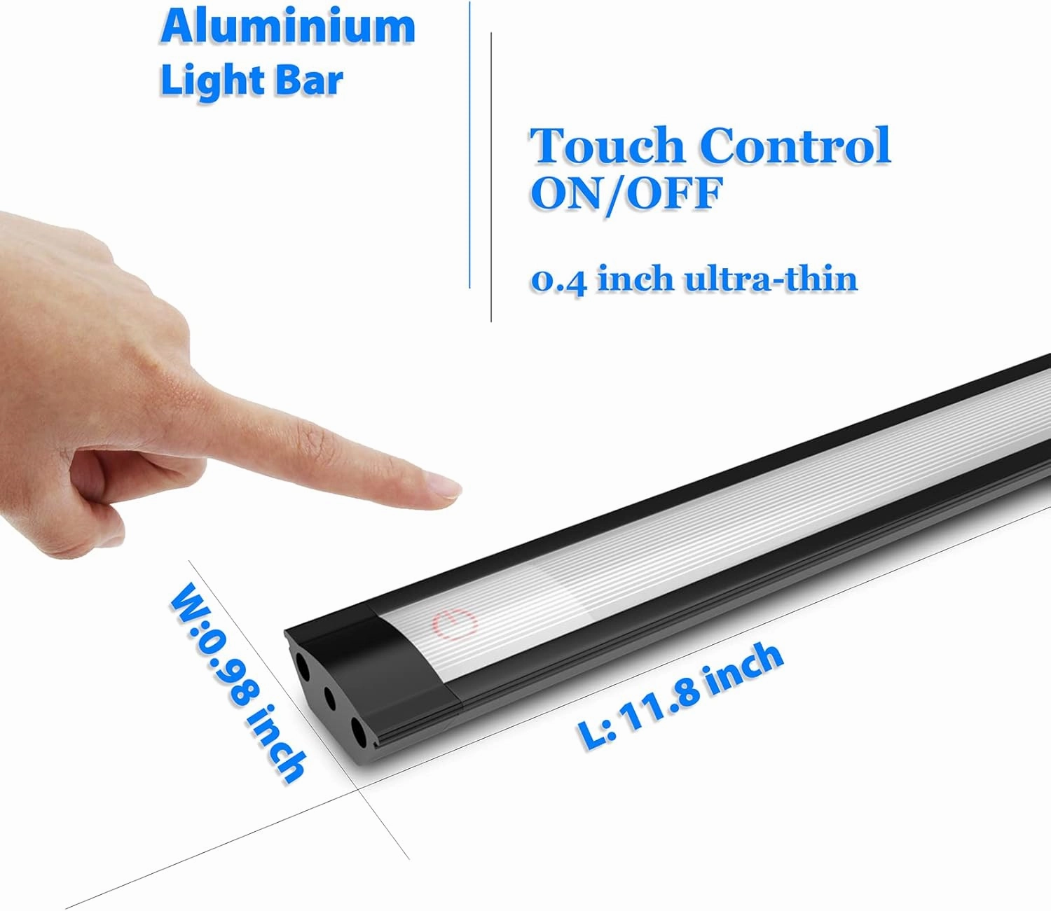 MYPLUS Under Cabinet Lights, 12" Touch Activated and Dimmable Aluminum LED Bar for Kitchen, Workbench and Desk, Cold White 6000K, Plug-in, Black.