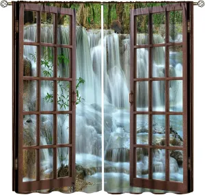 Nature Forest Landscape Curtains Waterfall Bamboo Japanese Style Garden Jungle Stream Curtain with Rod Pocket for Bedroom Living Room Decor Drapes Window Treatments 2 Panels 42x54 Inch
