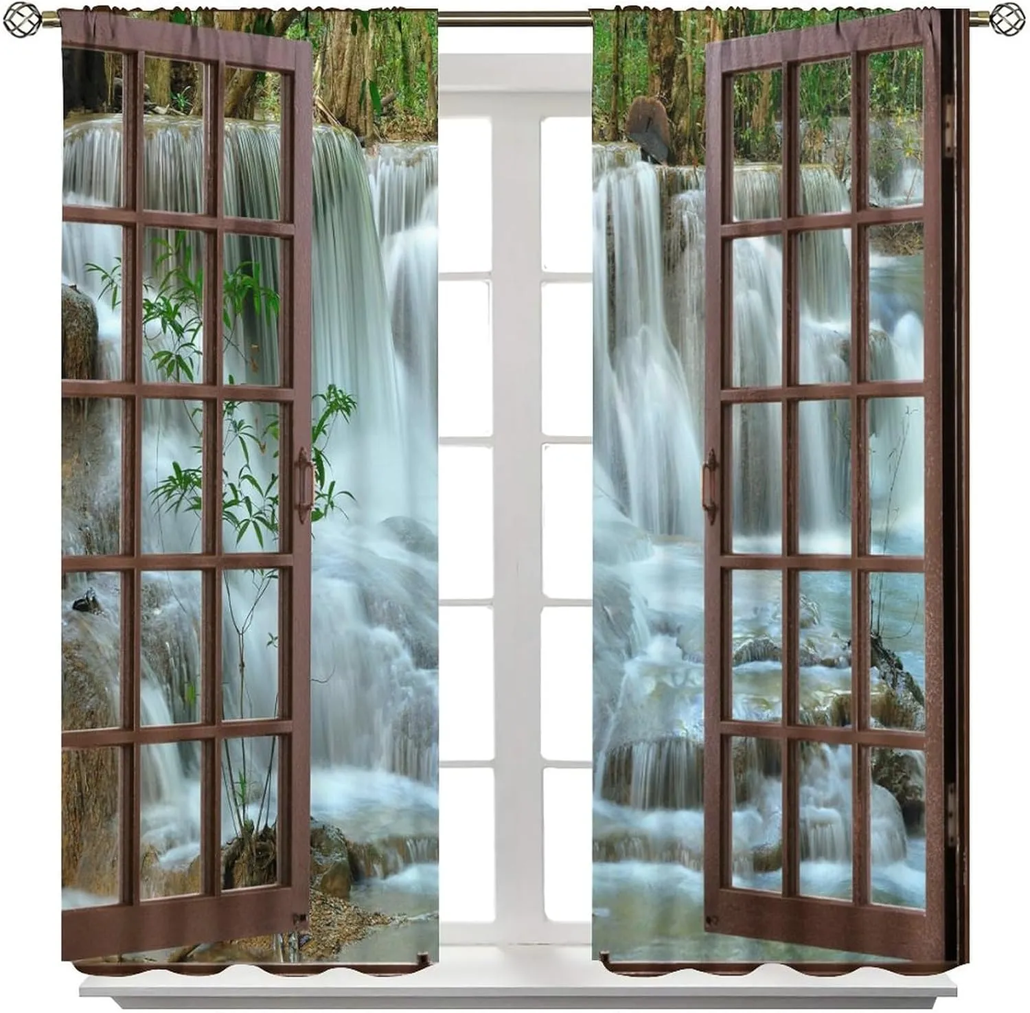 Nature Forest Landscape Curtains Waterfall Bamboo Japanese Style Garden Jungle Stream Curtain with Rod Pocket for Bedroom Living Room Decor Drapes Window Treatments 2 Panels 42x54 Inch