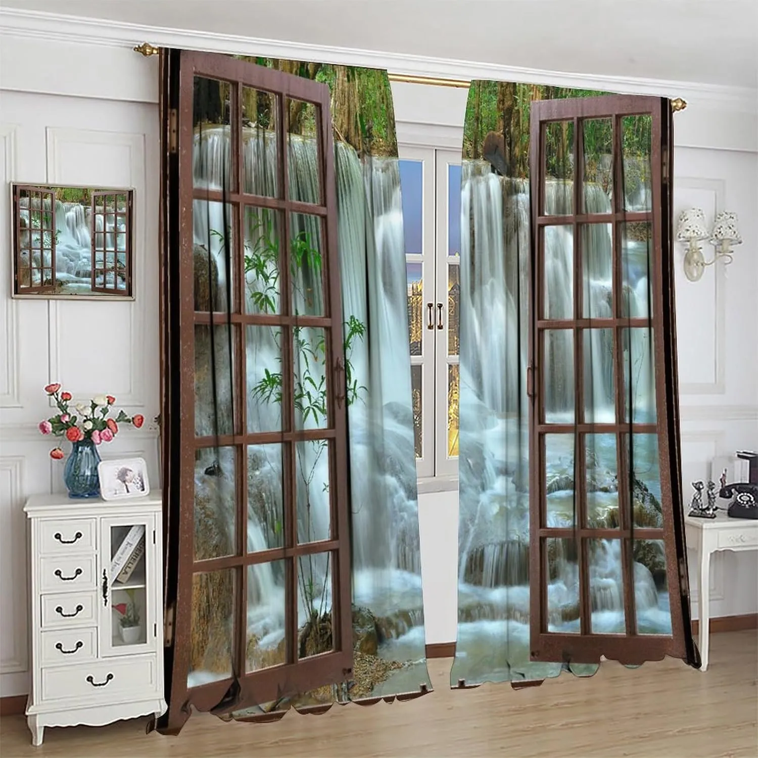Nature Forest Landscape Curtains Waterfall Bamboo Japanese Style Garden Jungle Stream Curtain with Rod Pocket for Bedroom Living Room Decor Drapes Window Treatments 2 Panels 42x54 Inch