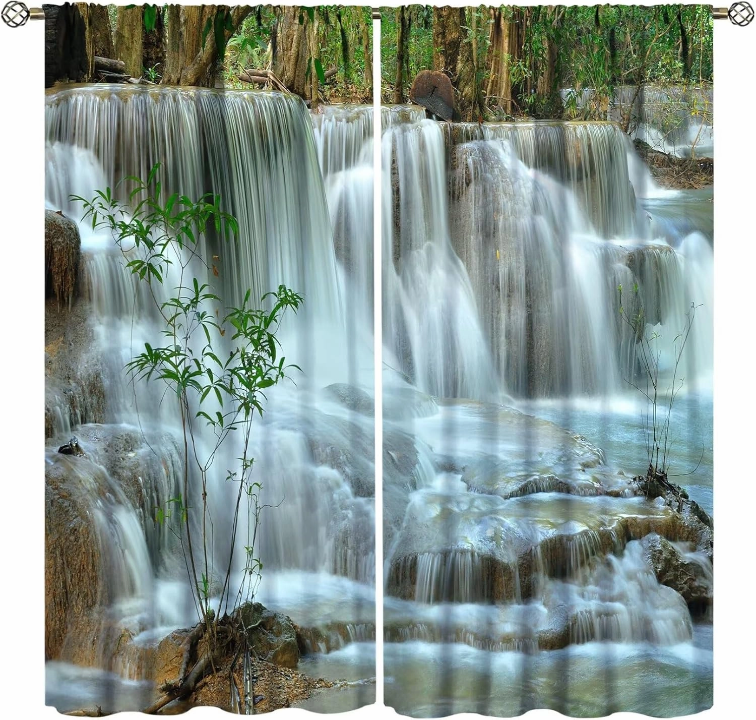 Nature Forest Landscape Curtains Waterfall Bamboo Japanese Style Garden Jungle Stream Curtain with Rod Pocket for Bedroom Living Room Decor Drapes Window Treatments 2 Panels 42x54 Inch
