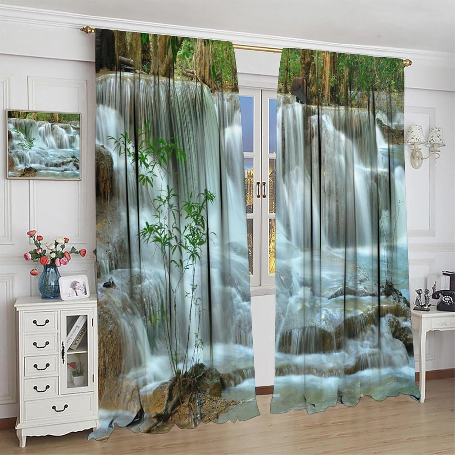 Nature Forest Landscape Curtains Waterfall Bamboo Japanese Style Garden Jungle Stream Curtain with Rod Pocket for Bedroom Living Room Decor Drapes Window Treatments 2 Panels 42x54 Inch