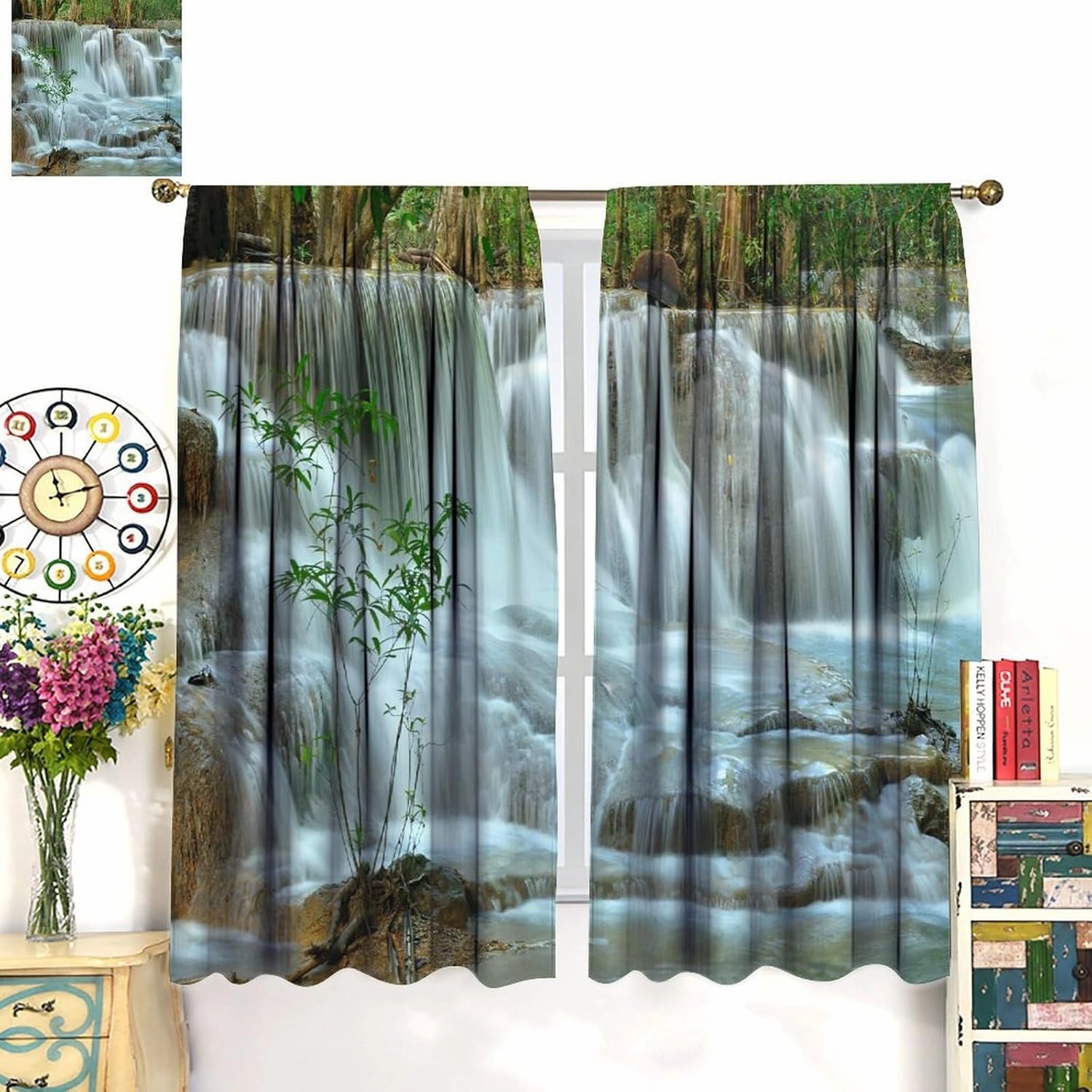 Nature Forest Landscape Curtains Waterfall Bamboo Japanese Style Garden Jungle Stream Curtain with Rod Pocket for Bedroom Living Room Decor Drapes Window Treatments 2 Panels 42x54 Inch