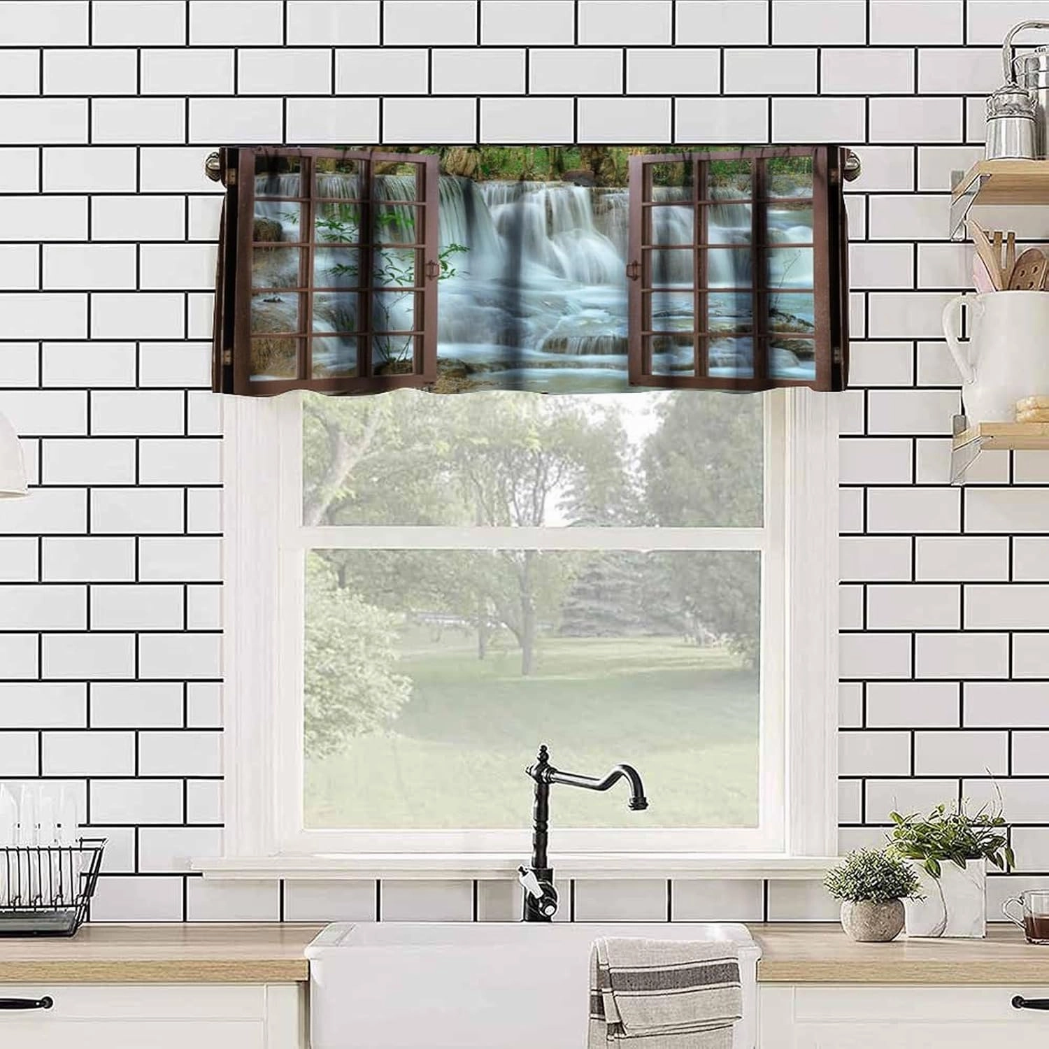 Nature Forest Landscape Valance Curtain Waterfall Bamboo Japanese Style Garden Jungle Stream Rod Pocket Valance Window Treatments Short Curtains for Kitchen Bathroom 54x18inch