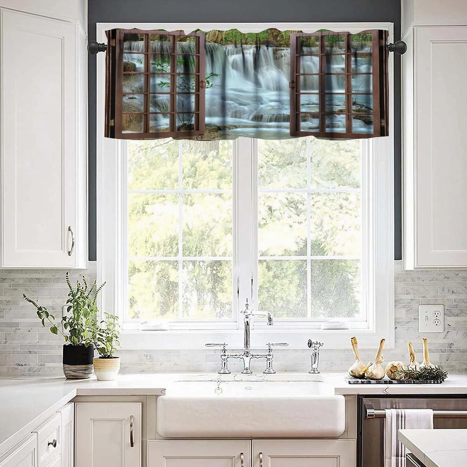 Nature Forest Landscape Valance Curtain Waterfall Bamboo Japanese Style Garden Jungle Stream Rod Pocket Valance Window Treatments Short Curtains for Kitchen Bathroom 54x18inch