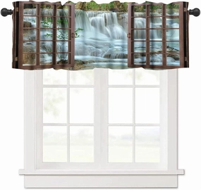 Nature Forest Landscape Valance Curtain Waterfall Bamboo Japanese Style Garden Jungle Stream Rod Pocket Valance Window Treatments Short Curtains for Kitchen Bathroom 54x18inch