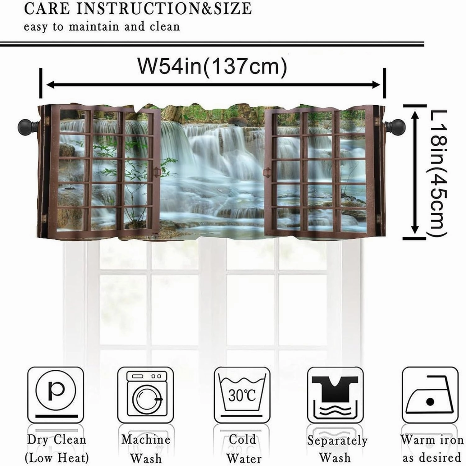 Nature Forest Landscape Valance Curtain Waterfall Bamboo Japanese Style Garden Jungle Stream Rod Pocket Valance Window Treatments Short Curtains for Kitchen Bathroom 54x18inch