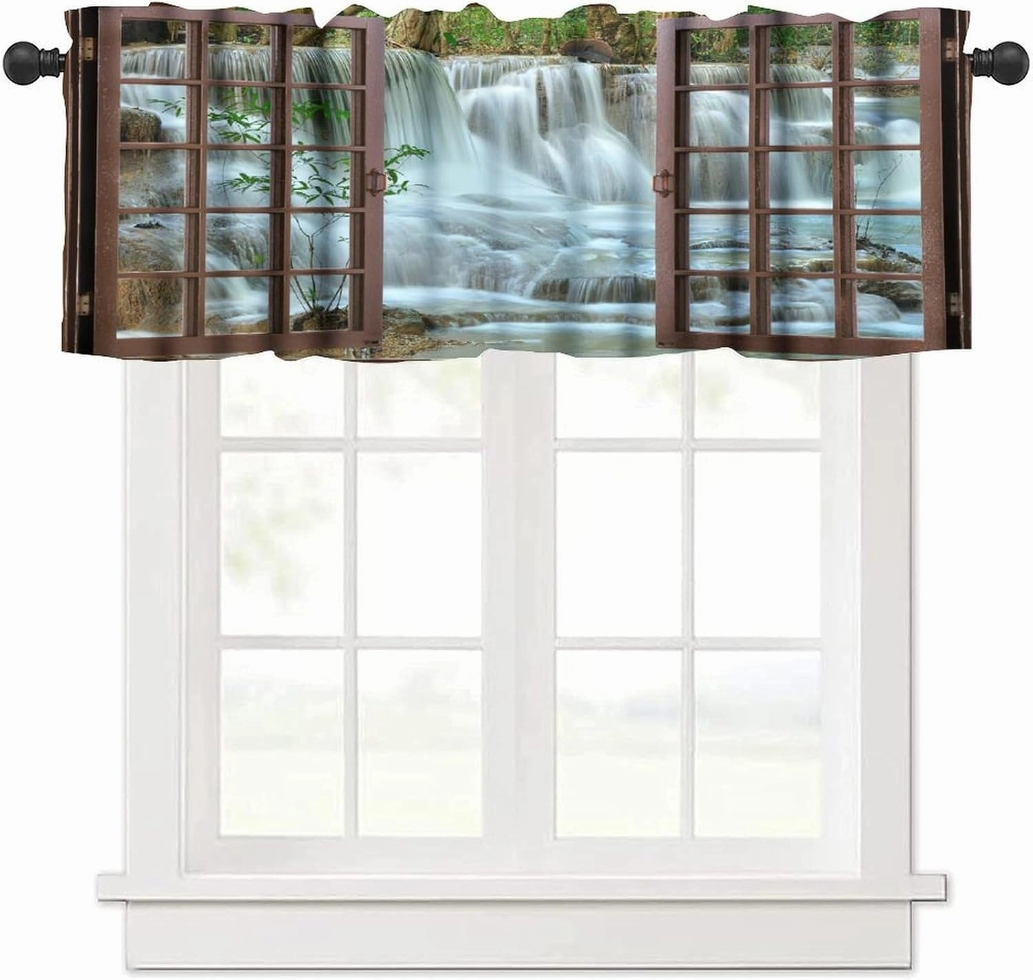 Nature Forest Landscape Valance Curtain Waterfall Bamboo Japanese Style Garden Jungle Stream Rod Pocket Valance Window Treatments Short Curtains for Kitchen Bathroom 54x18inch