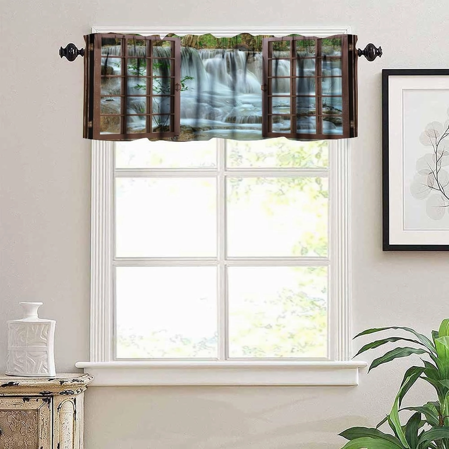 Nature Forest Landscape Valance Curtain Waterfall Bamboo Japanese Style Garden Jungle Stream Rod Pocket Valance Window Treatments Short Curtains for Kitchen Bathroom 54x18inch