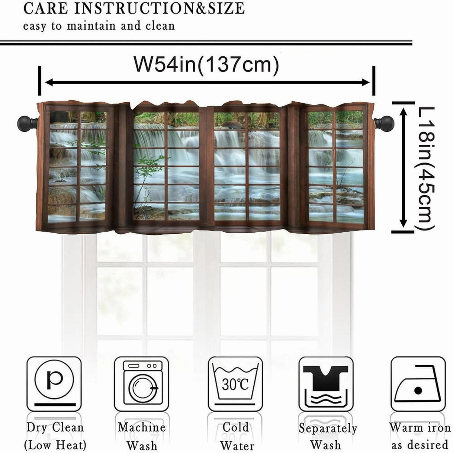 Nature Waterfall Landscape Valance Curtain Forest Bamboo Garden Jungle Stream Scenery Rod Pocket Valance Window Treatments Short Curtains for Kitchen Bathroom Farmhouse 54x18inch