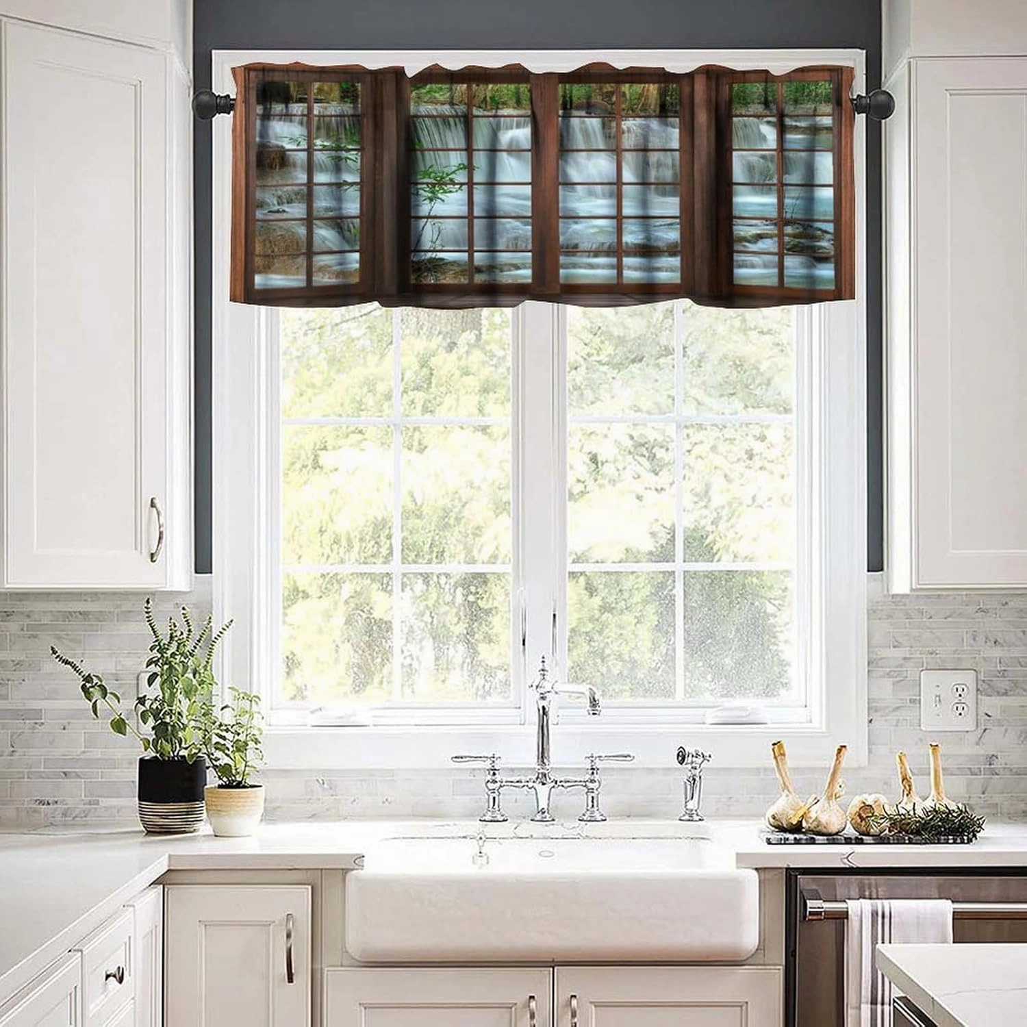 Nature Waterfall Landscape Valance Curtain Forest Bamboo Garden Jungle Stream Scenery Rod Pocket Valance Window Treatments Short Curtains for Kitchen Bathroom Farmhouse 54x18inch