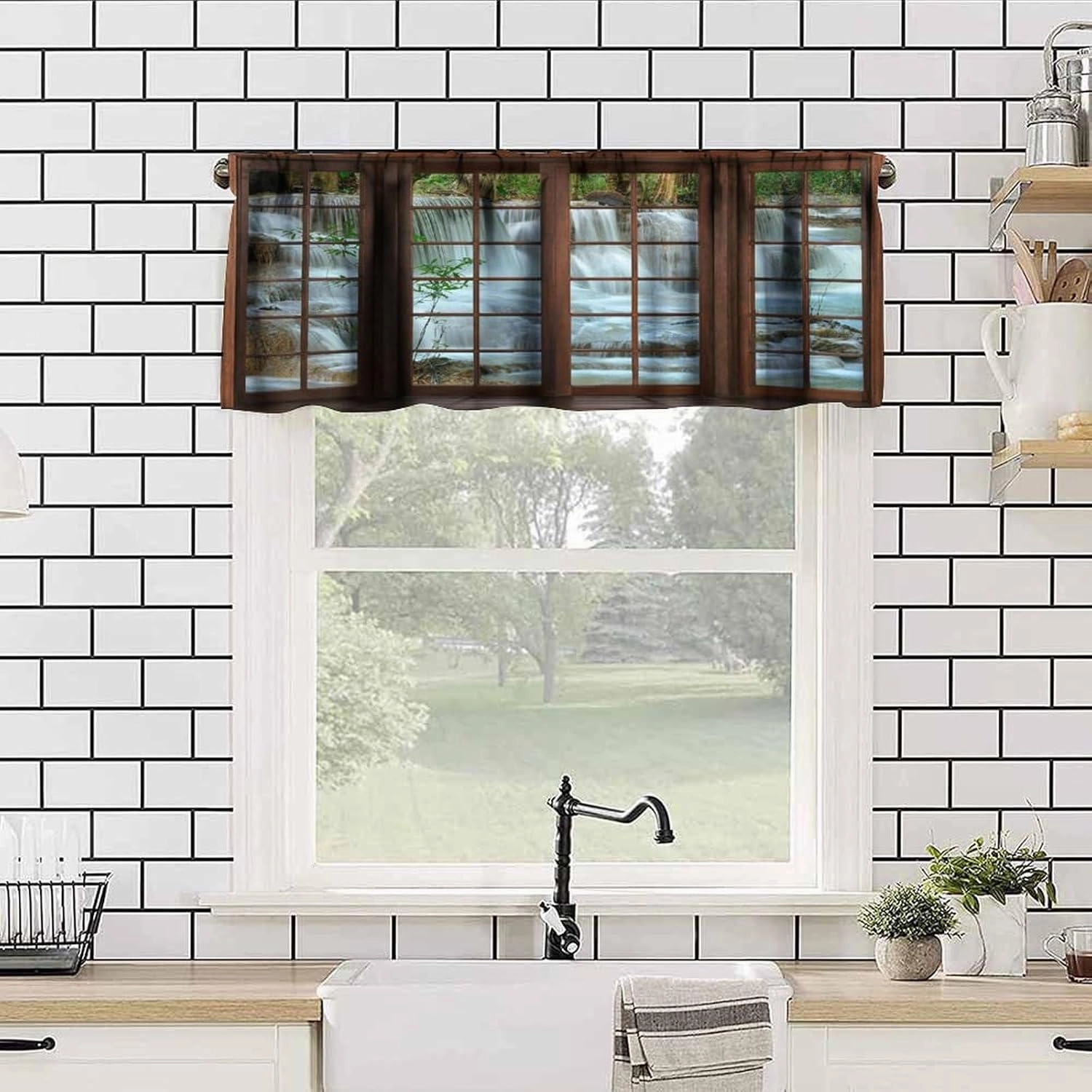 Nature Waterfall Landscape Valance Curtain Forest Bamboo Garden Jungle Stream Scenery Rod Pocket Valance Window Treatments Short Curtains for Kitchen Bathroom Farmhouse 54x18inch