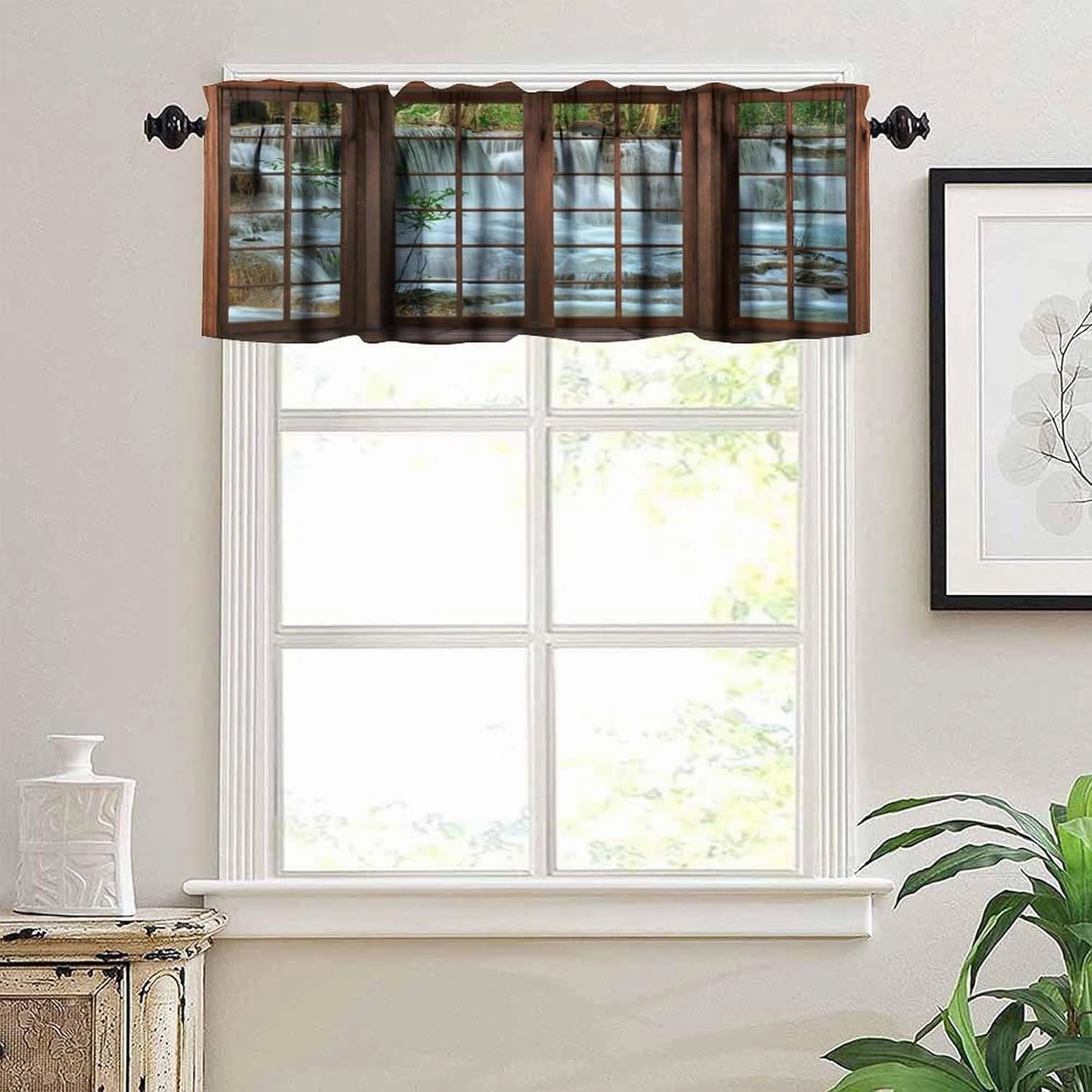 Nature Waterfall Landscape Valance Curtain Forest Bamboo Garden Jungle Stream Scenery Rod Pocket Valance Window Treatments Short Curtains for Kitchen Bathroom Farmhouse 54x18inch