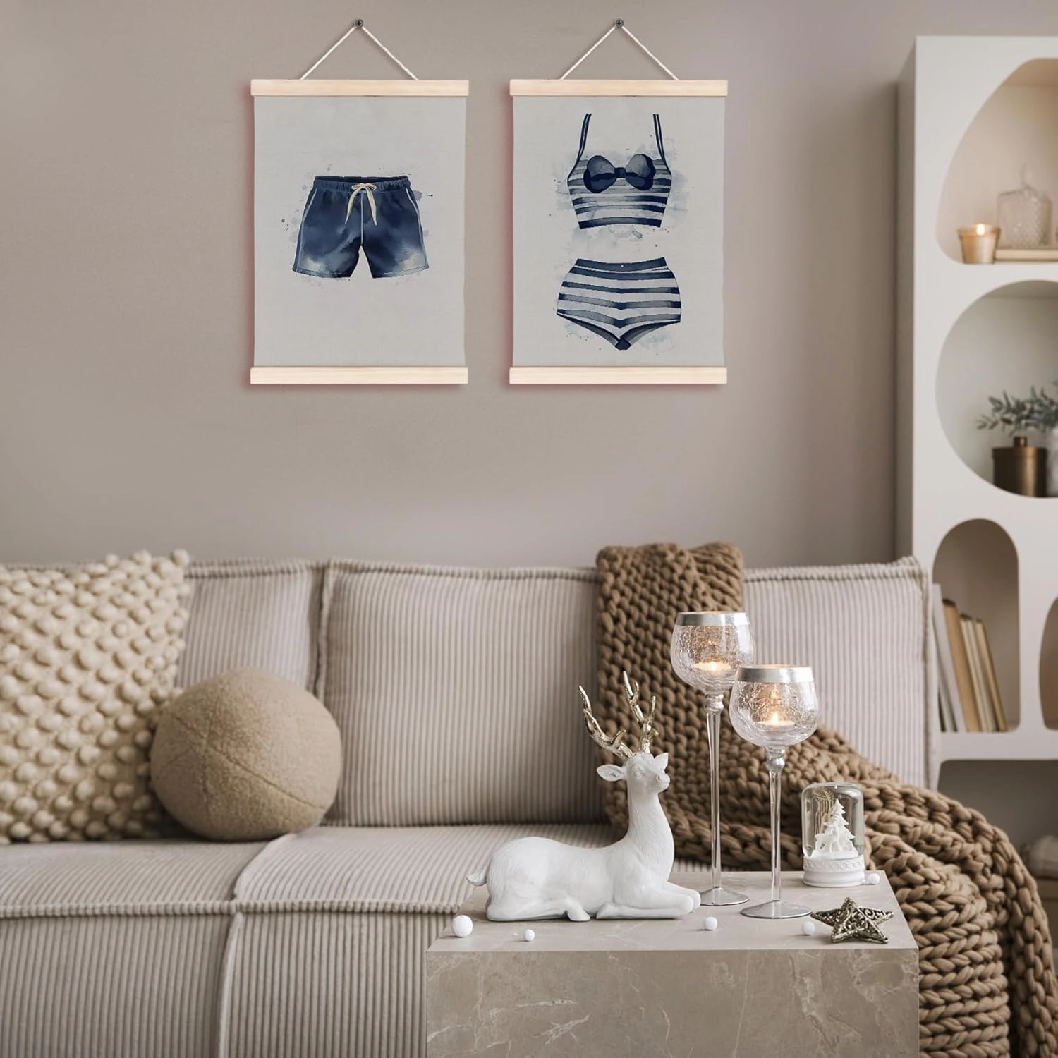Navy Blue Swimsuits Summer Coastal Beach Wall Art Set of 2, Summer Coastal Granddaughter Room Decor, Blue and White Lake House Beach House Canvas Wall Art Poster Hanger Frame, 12x16 Inch
